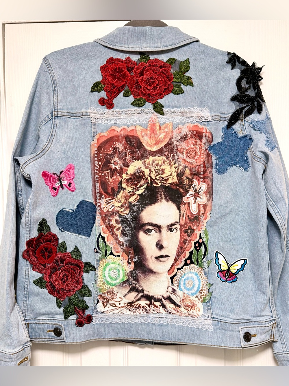 Frida Inspired Light Blue Embroidered Denim Jacket - Picture 7 of 8